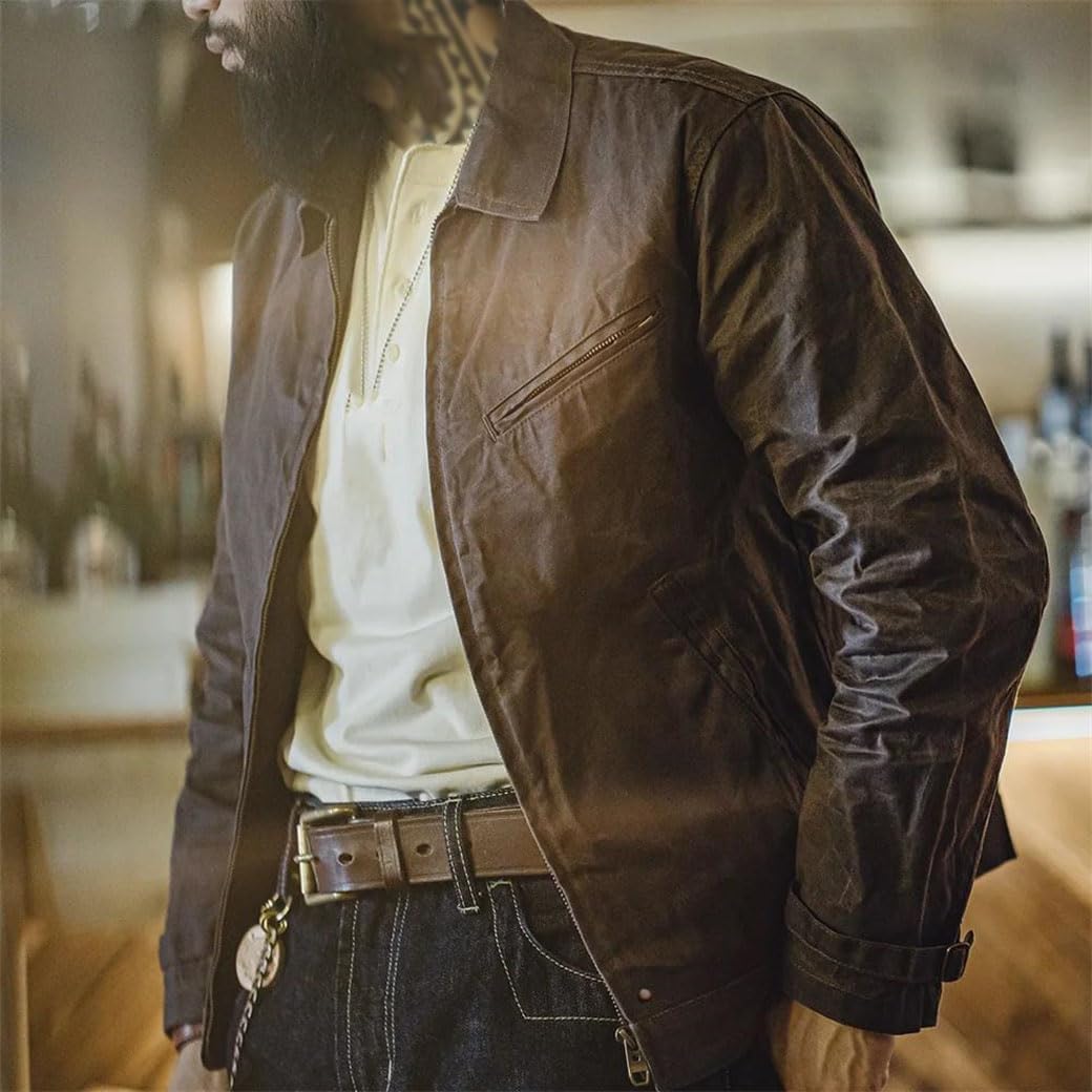 Men's Vintage Oil Waxed Canvas Jacket Lapel Zipper Short Outerwear Classic Slim Fit Coat