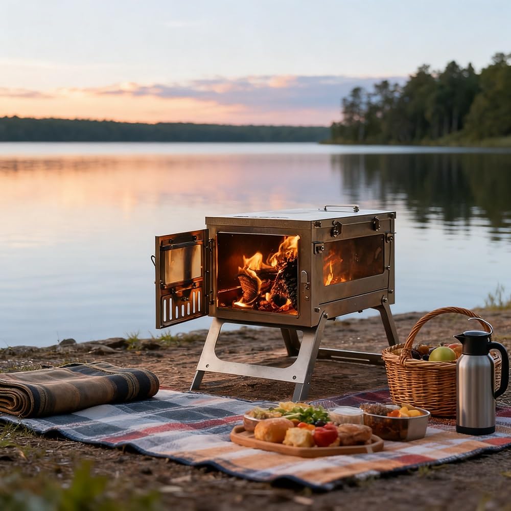 WYWY Camping-Holzofen,Zeltofen aus 430er Edelstahl, faltbar, mit Frontfenster und einem Seitenfenster, geeignet für Camping, Kochen, Jagen(A)