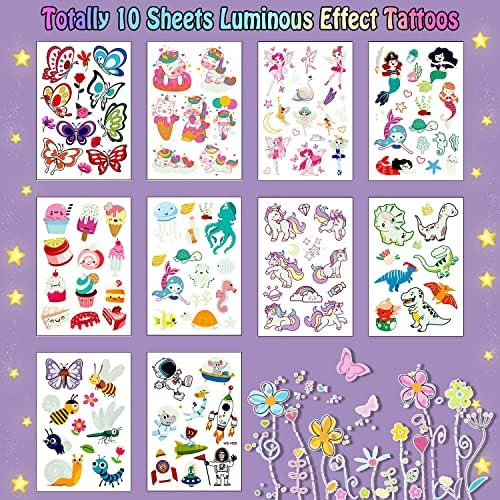 Leesgel 140 Styles(10 Sheets) Luminous Tattoos for Girls Kids, Girls Party Bag Fillers Temporary Tattoo Stickers with Unicorn/Dinosaur/Mermaid, Toys Gifts for Children Birthday Supplies Favors