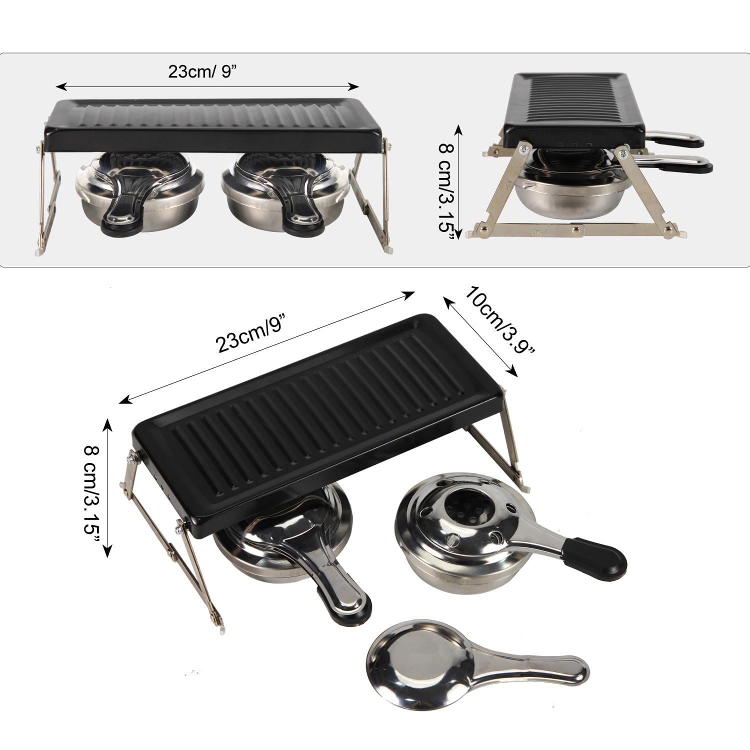 Mini Appareil à Raclette Portable pour 2 Personnes, Plaque Antiadhésive avec Gril, 2 Brûleurs à Alcool, 2 Spatules et Support Métallique Pliable pour Camping, Pique-nique et BBQ