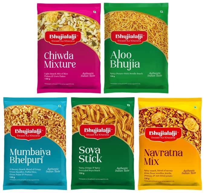 Image of Bhujialalji (Combo pack of 5) 750g | Aloo bhujia | Navratna Mix | Chiwda mix | Soya stick | Mumbaiya bhel | Rajasthani Namkeen | indian Spices | Indian Tea Time Fresh & Mixture | Ready to eat.