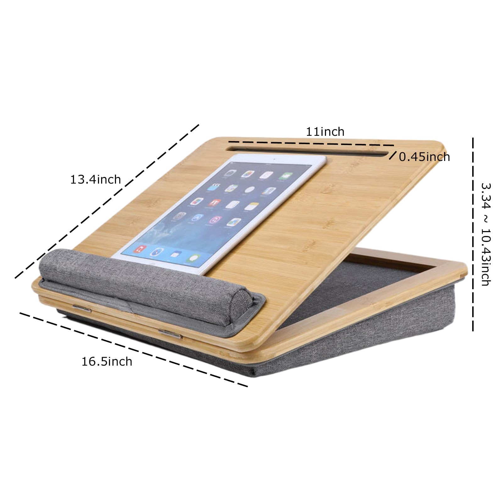 SUMISKY Regulowany stojak na laptopa z poduszką, bambusowa platforma z uchwytem na telefon, podkładka pod nadgarstek pasuje do laptopów o przekątnej do 15,6 cala
