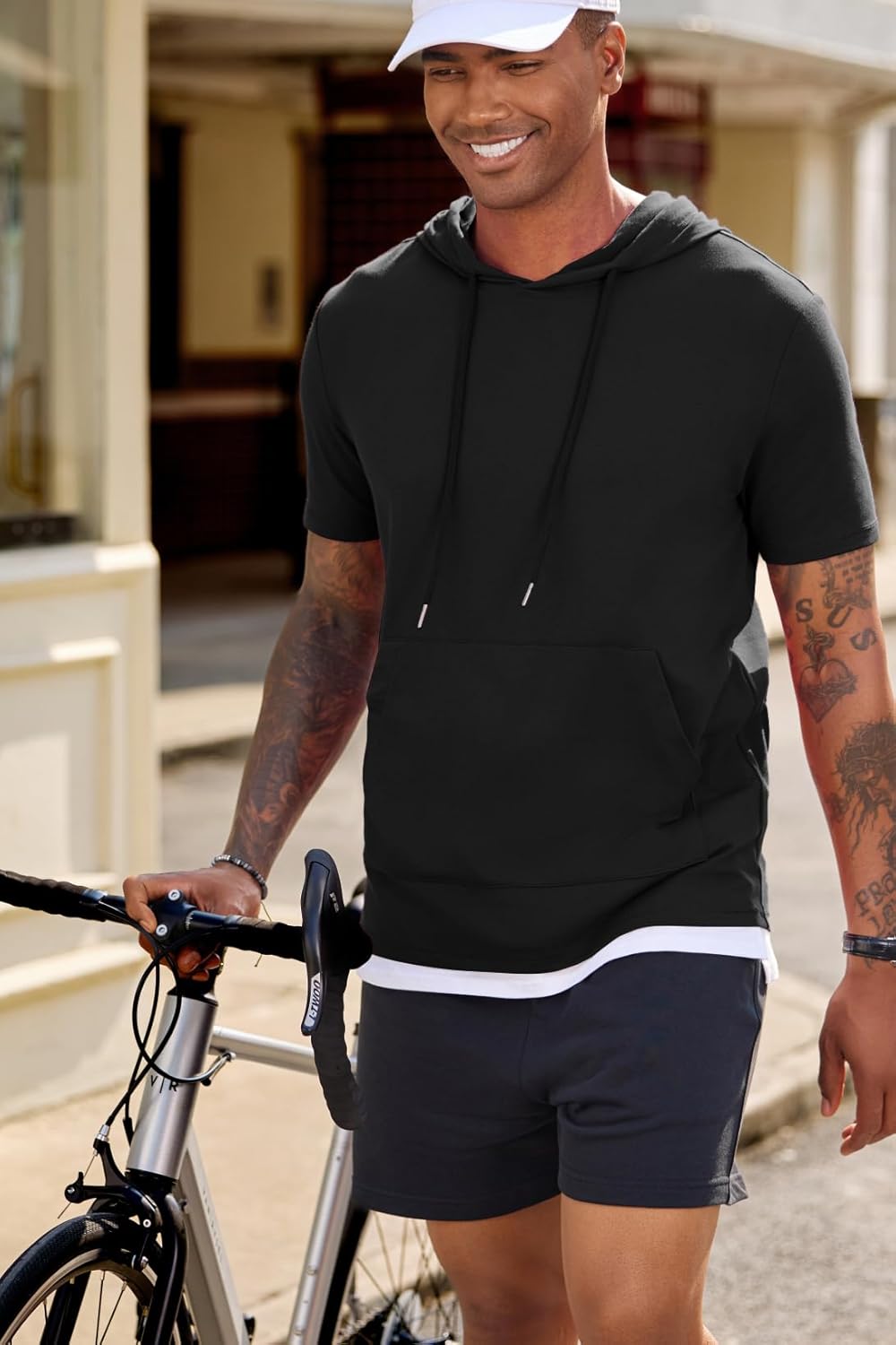 JMIERR Mens Short Sleeve Hoodie Cotton Hooded T-shirts Lightweight Solid Sweatshirts with Pocket - Image 2