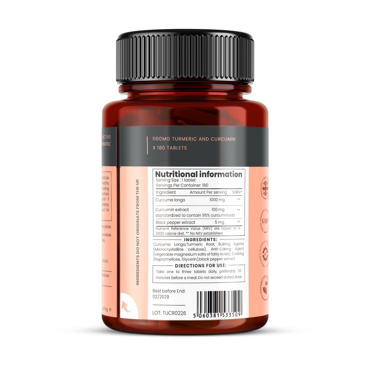 Curcuma et Curcumine 1100mg - 180 comprimés de 1100mg – Curcumine à 95% - 5mg d'extrait de poivre noir augmentent l'assimilation de 300%