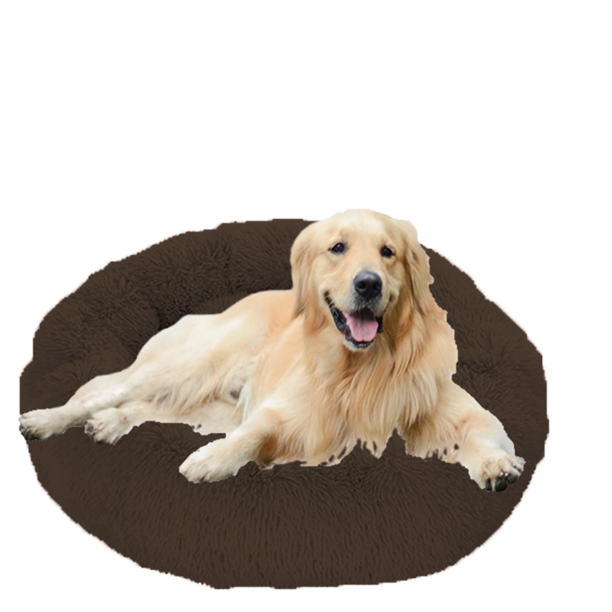 Nido redondo calmante para perros con cojín de felpa para perros grandes, medianos y pequeños, lavable, autocalentable, parte inferior antideslizante, 130 cm, color marrón