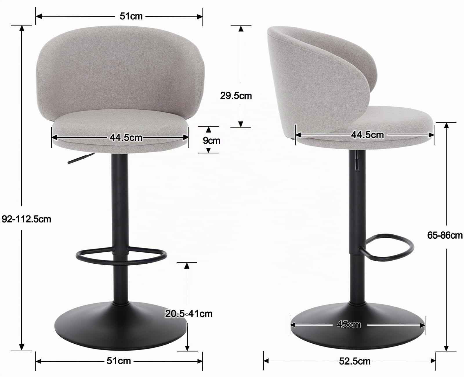 chairus 2PCS Tabourets de Bar, Chaise Haute Cuisine, Pivotant, Gris | Style Moderne, Tissu de Lin, Réglable en Hauteur, Dossier Incurvé, Coussin Rembourré, pour Ilot Central