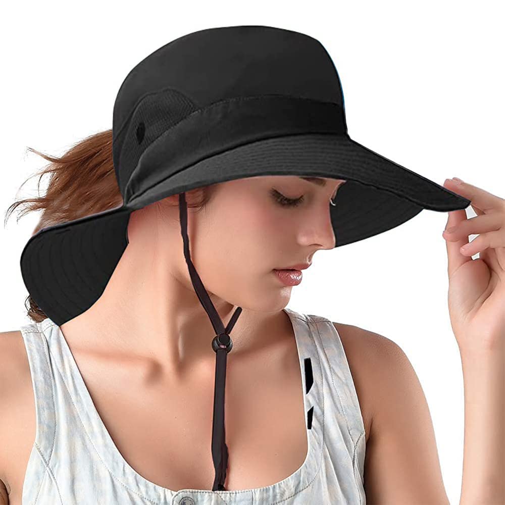 Rosoz 2 Pack Ponytail Sun Bucket Hats for Women UV Protection Foldable Mesh Wide Brim Hiking Beach Fishing Summer Safari
