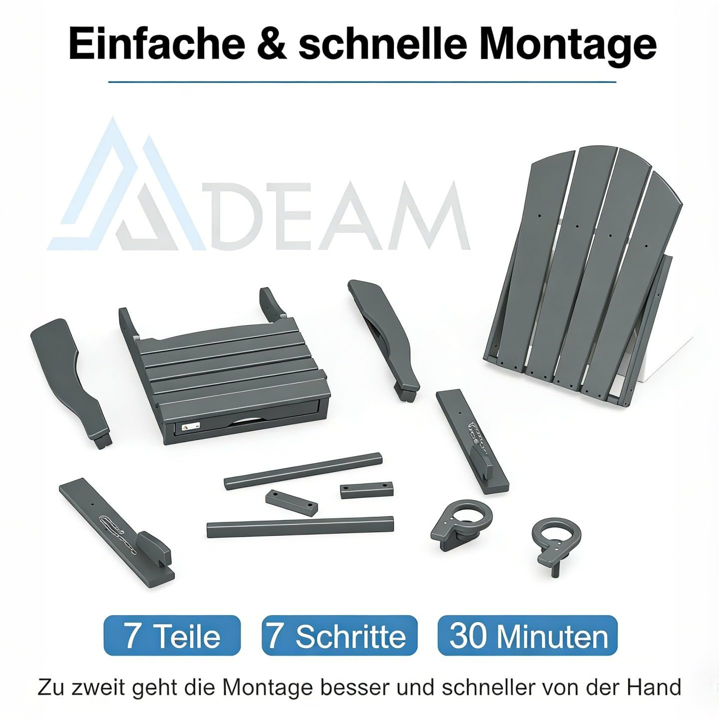 Mdeam Adirondack Stuhl Klappbar, Gartenstuhl mit Verstellbarer Rückenlehne & Fußstütze für Garten Terrasse, Adirondack Chair mit 2 Getränkehalter, Wetterfestes HDPE, Grau