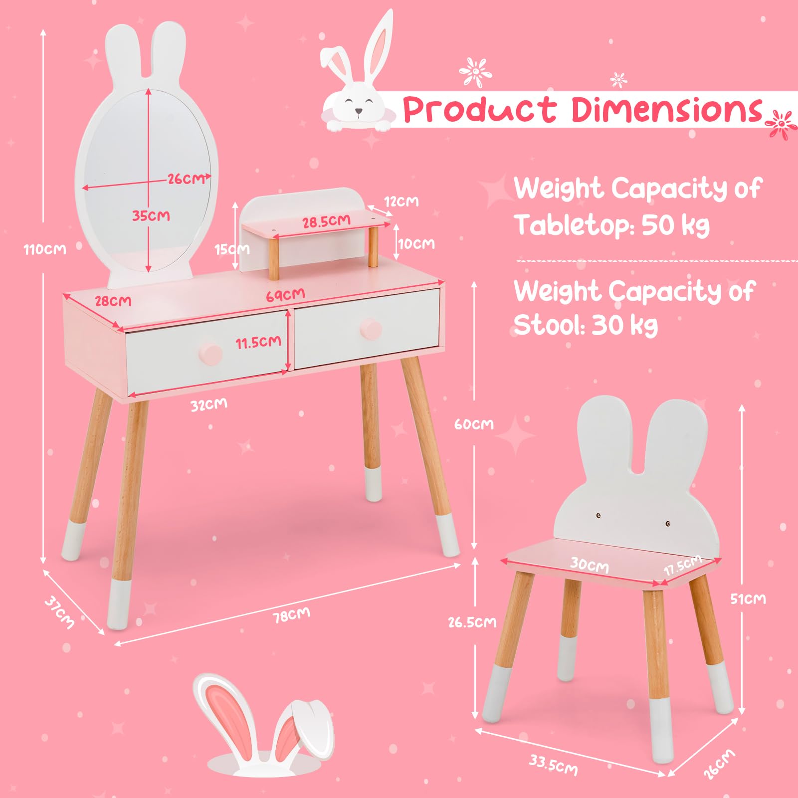 GOPLUS Tocador Niña de Madera, Tocador Infantil Princesa 2 en 1 con Taburete y Espejo en Forma de Orejas de Conejo, Cajones Dobles y Estante Adicional, 78 x 37 x 110 CM