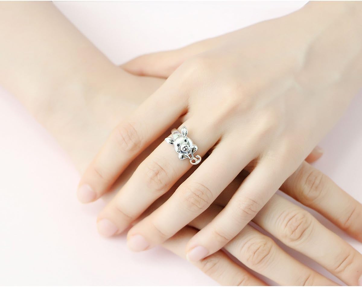 FLYOW 925 Sterling Silver Adjustable Animal Rings for Women Lucky Elephant Cute Pig Ring Cat Paw Love Heart Wrap Open Ring Birthday Gifts - Image 7