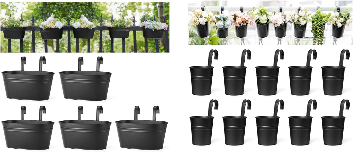 Dahey 5 PCS Metal Iron Hanging Flower Pots for Railing Fence Hanging Bucket Pots and 10 Pcs Hanging Flower Pots Metal Iron Bucket Planter