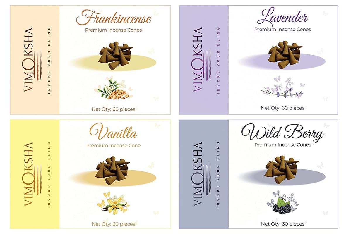 Dhoop Cones/Dhoop Batti for Home| Free Stand | 30 Min Burning Time | Long Lasting Fragrance | Yoga, Meditation and Spirituality| Frankincense, Lavender, Vanilla and Wild Berry (Pack of 4)