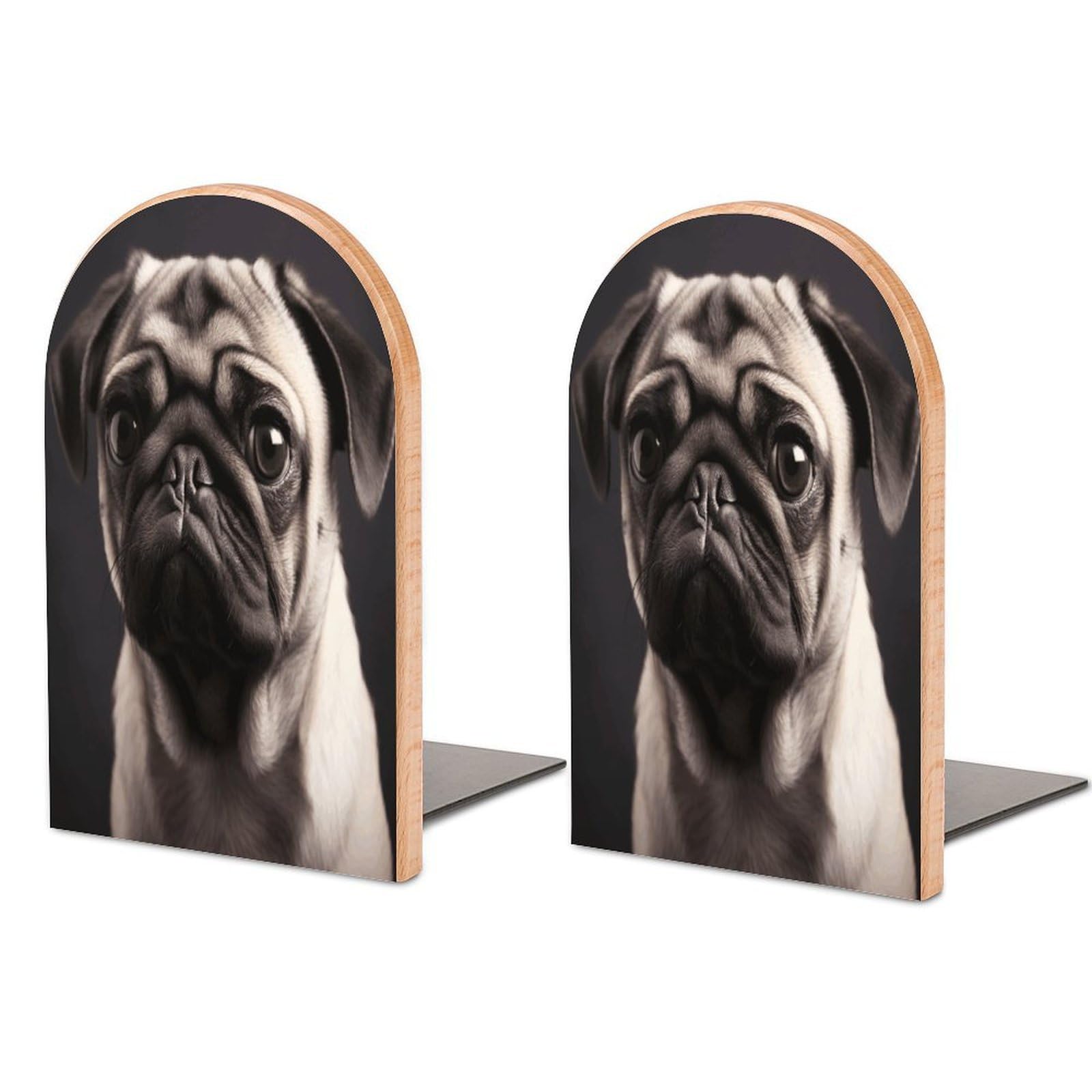 Pug Bookends Modern Bookends for Shelves Fashion Heavy Duty Book Stopper Sturdy Non-Skid Metal Base Wood Book Ends for Library Home Office 1 Pair