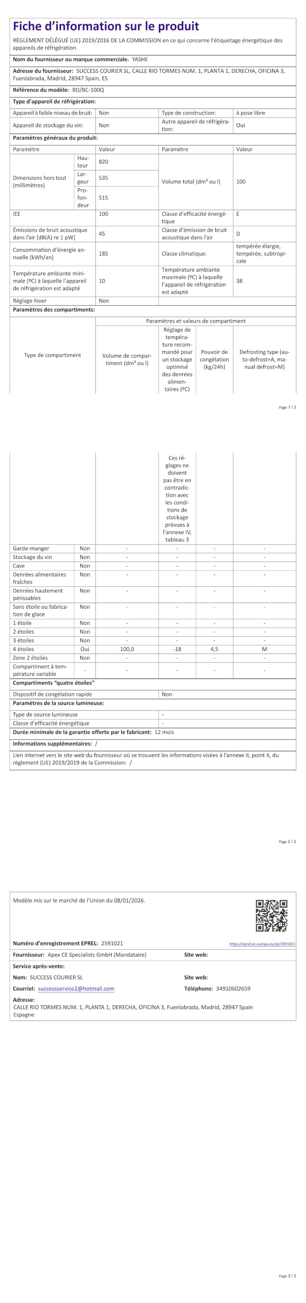 YASHE Congélateur coffre 100L, pose libre, Gris | 2 paniers amovibles, 6 niveaux de température, faible consommation d'énergie et fonctionnement silencieux de 45 dB