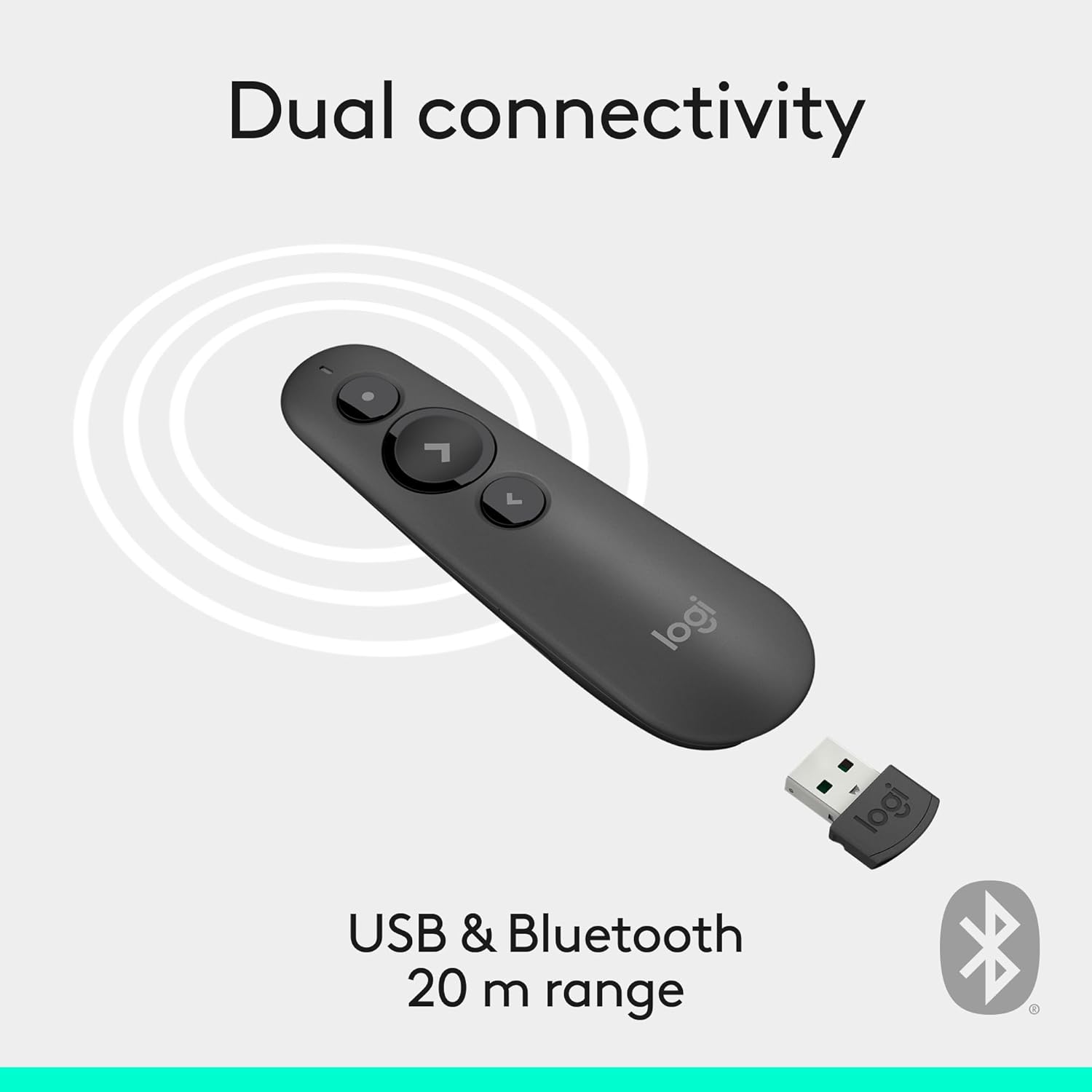 Logitech R500s showing dual connectivity via USB and Bluetooth