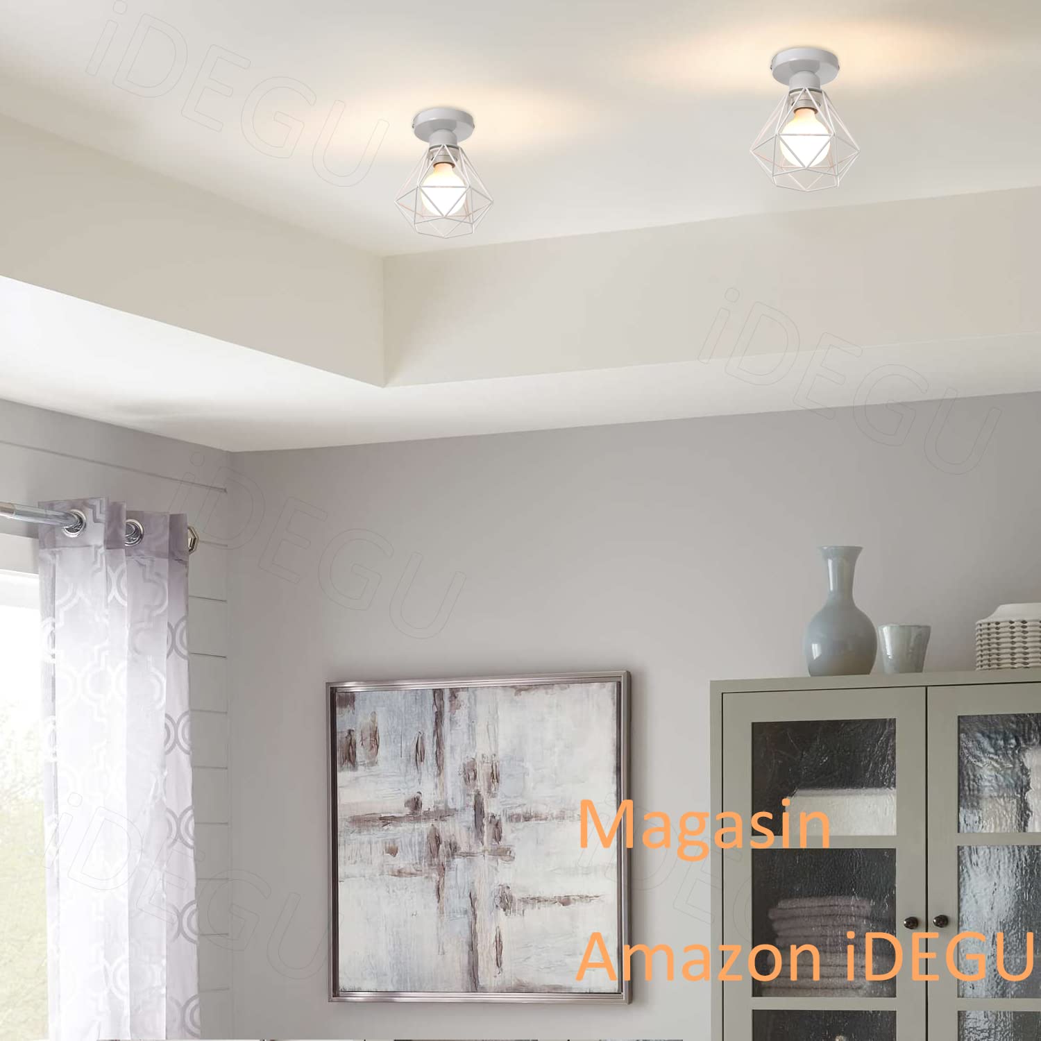 iDEGU Lot de 4 Plafonnier Industriel Vintage Lustre Suspension E27 Rétro Luminaire Design Cage Diamant Fer Lampe de Plafond pour Couloir Salon Cuisine Chambre, Ø16cm (Cage B, Blanc)