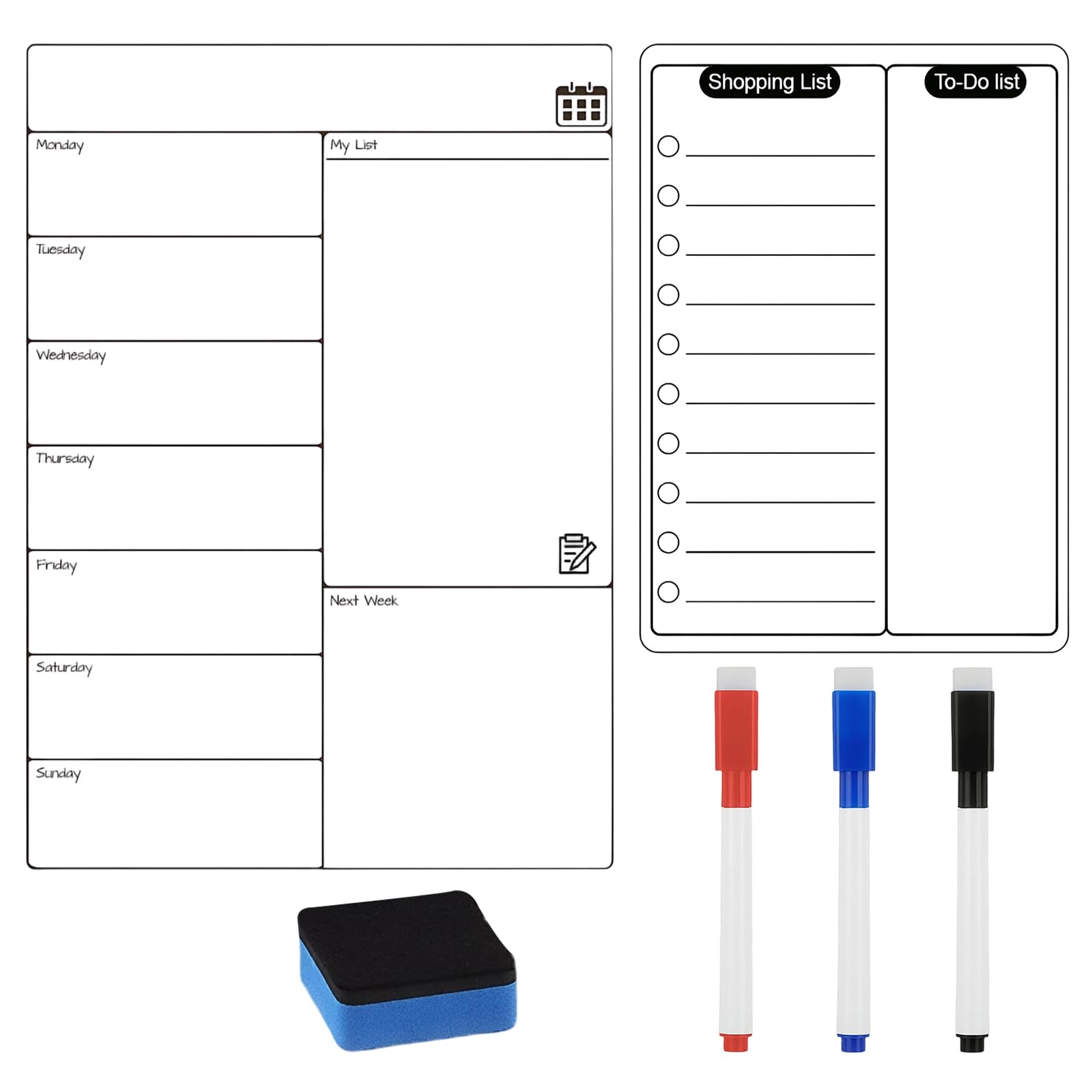 Pizarra Magnetica Nevera（30×20×0.1cm）Calendario Magnetico Neveras, Planificador Semanal Magnetico, Lista de Compras A5, 3 Bolígrafos y 1 Borrador de Pizarra Blanca
