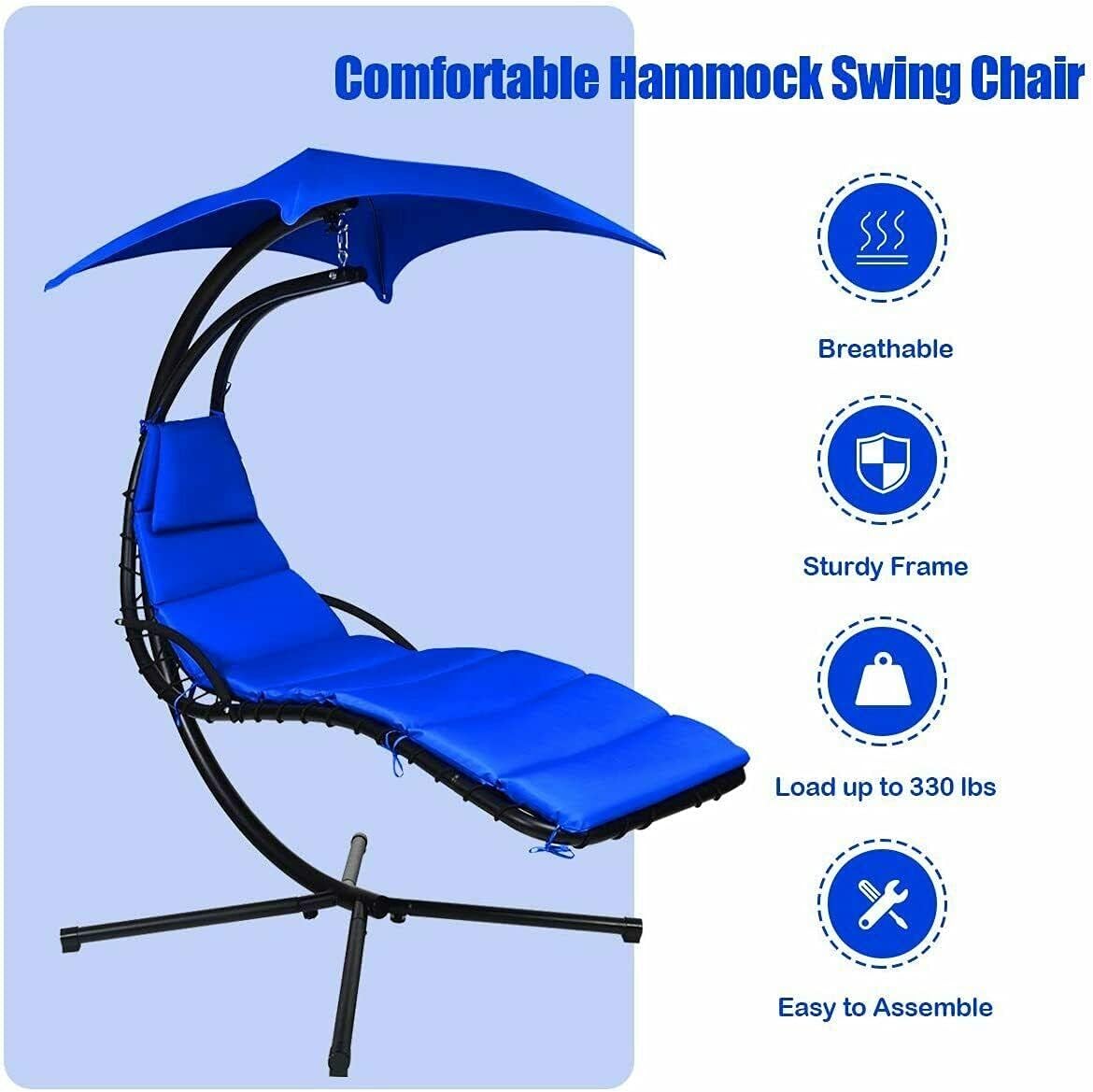 Hanging Chaise Lounger Chair Arc Stand Porch Swing Hammock Chair Canopy - Navy!