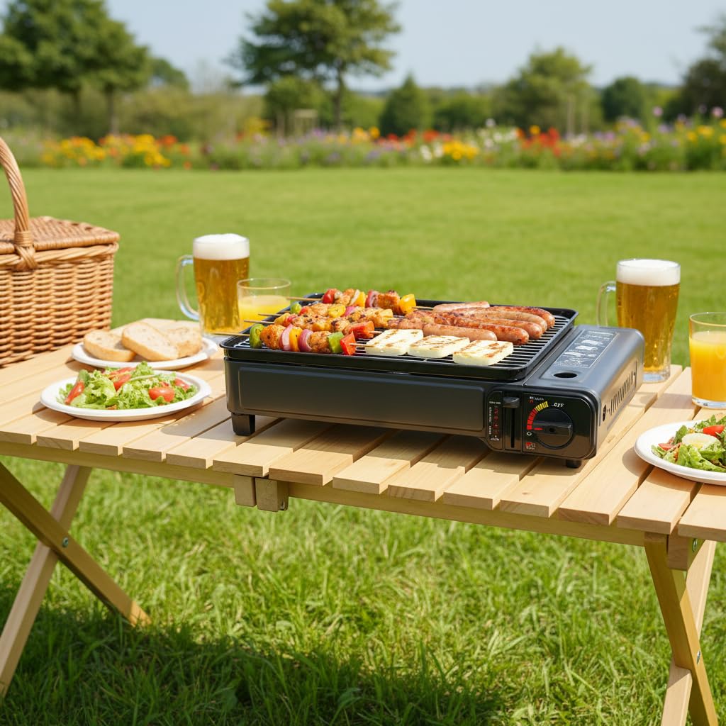 Przenośny grill kempingowy, reduktor ciśnienia gazu i wąż gazowy ze stabilną metalową pokrywą i wskaźnikiem temperatury, mały grill gazowy na balkon i kemping