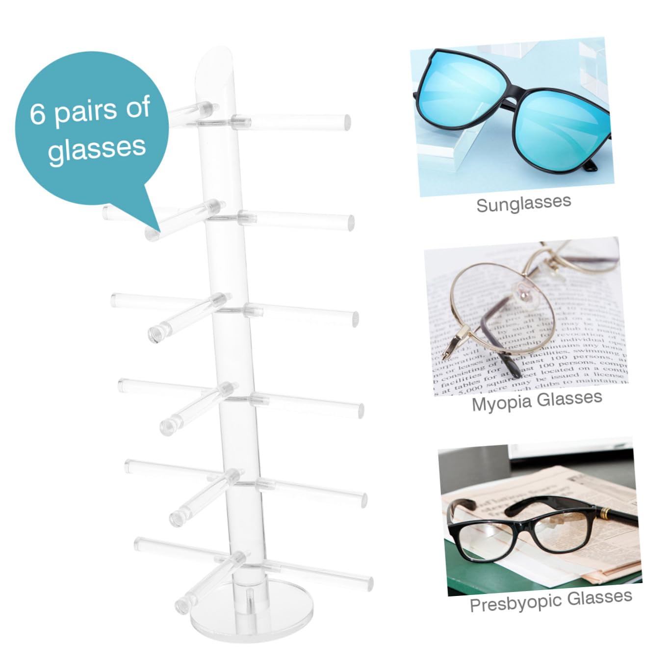 Espositore Porta Occhiali Da Sole in Acrilico 6 Strati Asta Da 25mm, Base Stabile Per Negozi e Esposizioni, Supporto Resistente e Smontabile Per Occhiali Da Lettura e Da Sole
