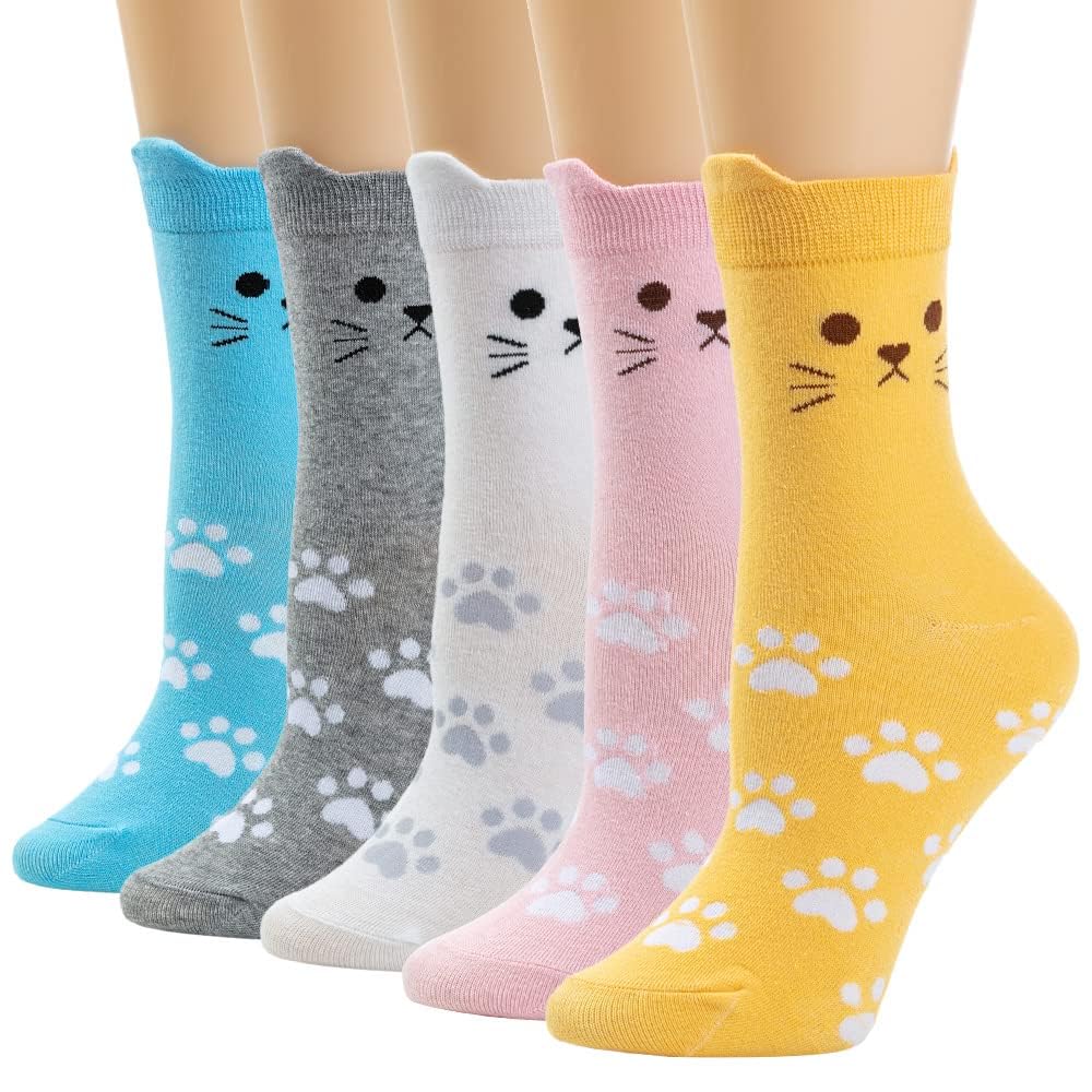 MinicocoCat Socks Women Funky Socks Cotton Ankle Socks Animal Paw Socks Funny Cat Paws Cute Patterned Socks for Birthday Presents Socks for Mum Ladies Girls, 5 Pairs