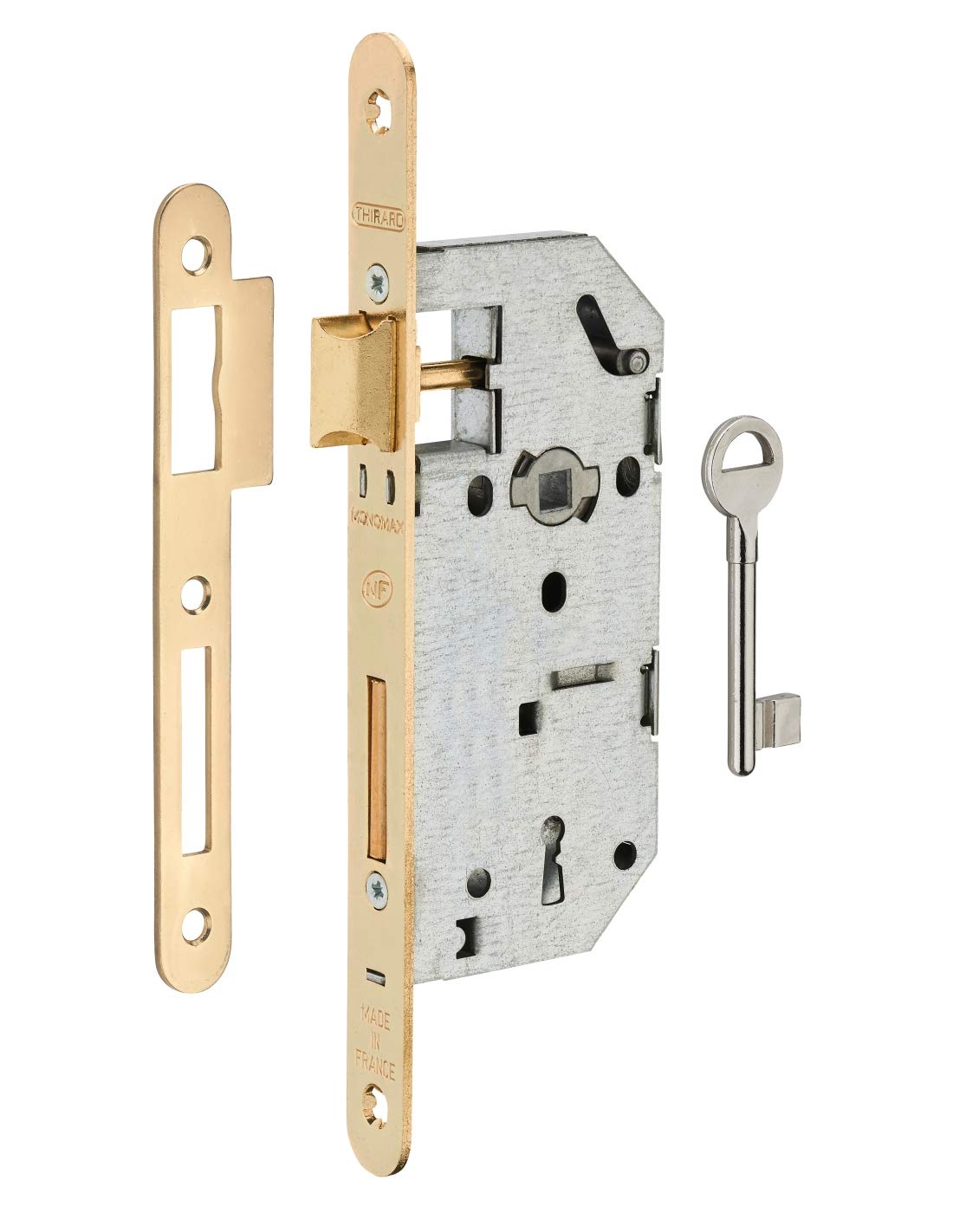 THIRARD - Serrure Encastrable Monomax NF à Clé pour Porte de Chambre - Axe 40 mm - Bouts Ronds - Têtière Laitonnée - Mécanisme à 2 Tours - 1 Clé - 4 Variures - Jaune/Doré