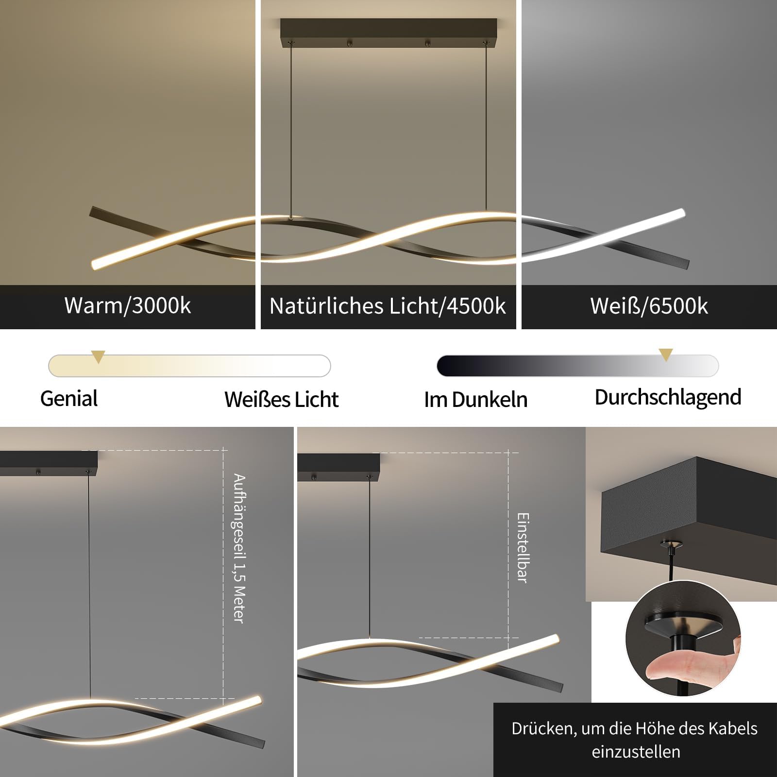 Mikeru Moderna Lampada a Sospensione, 120cm Luce Nera Regolabile per Sala Da Pranzo con Telecomando 10%-100% Luminosità Regolabile 3000k/4500k/6000k Lampadario Nero LED per Isola Della Cucina