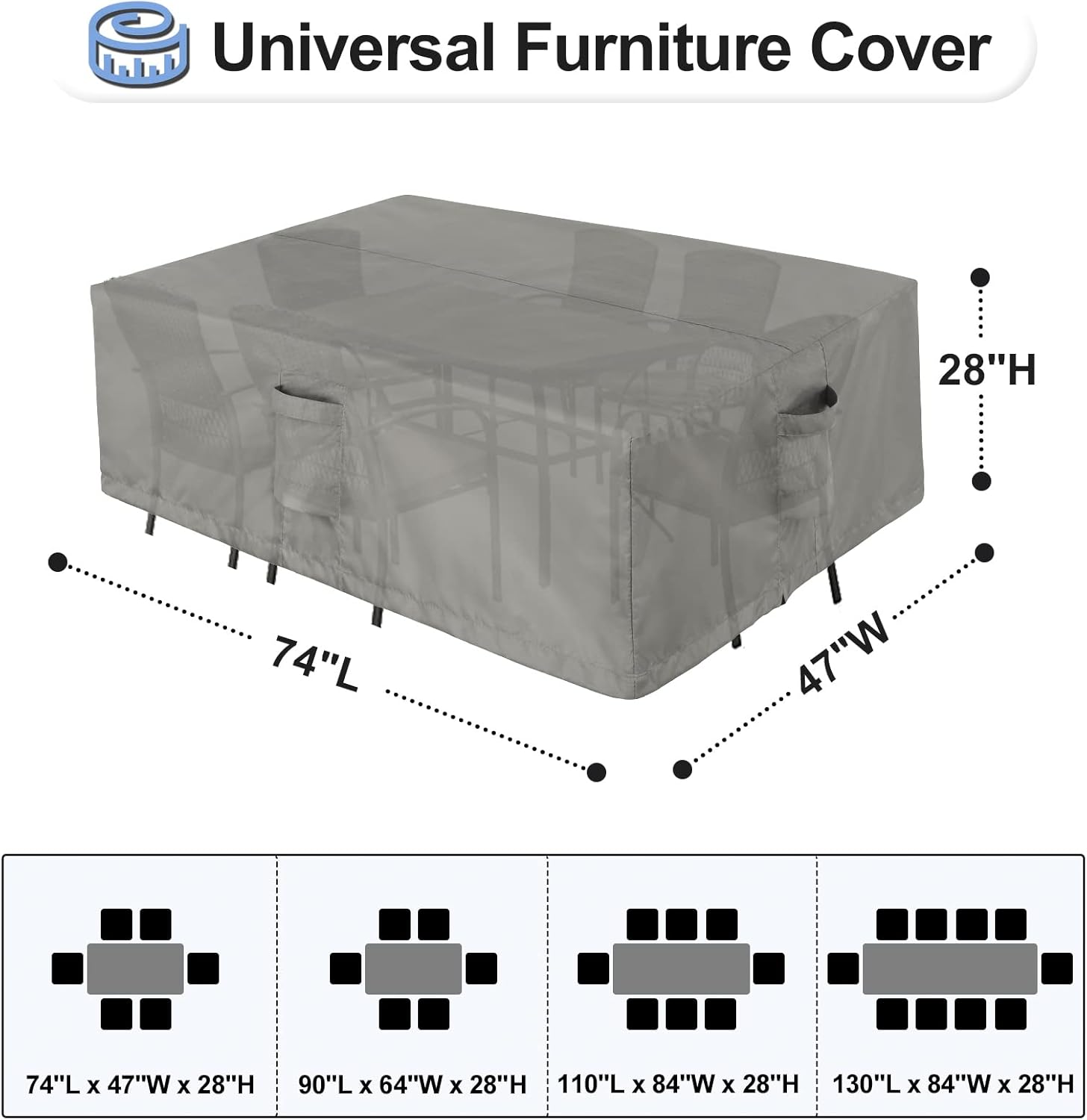OutdoorLines Outdoor Waterproof Patio Table Furniture Set Covers - Rectangle Couch Sectional Cover Outside Weatherproof Patio Furniture Covering for Deck, Lawn and Backyard 74"L x 47"W x 28"H, Grey