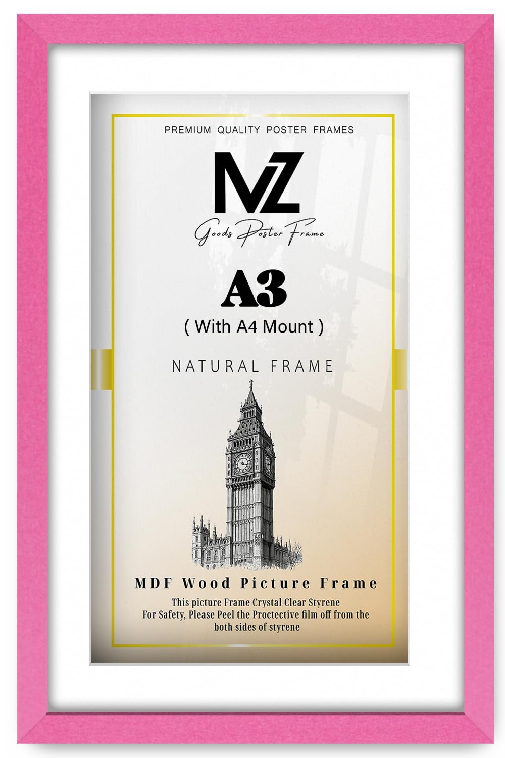 MZ GOODS | MDF Elegant Wall Picture Frame A3 (29.70 x 41.90 cm) With A4 (297 x 210 mm) White Mount Hanging Display | 11 x 16 Inch Poster, Award, Painting, Modern Décor Frame [ Pink ]