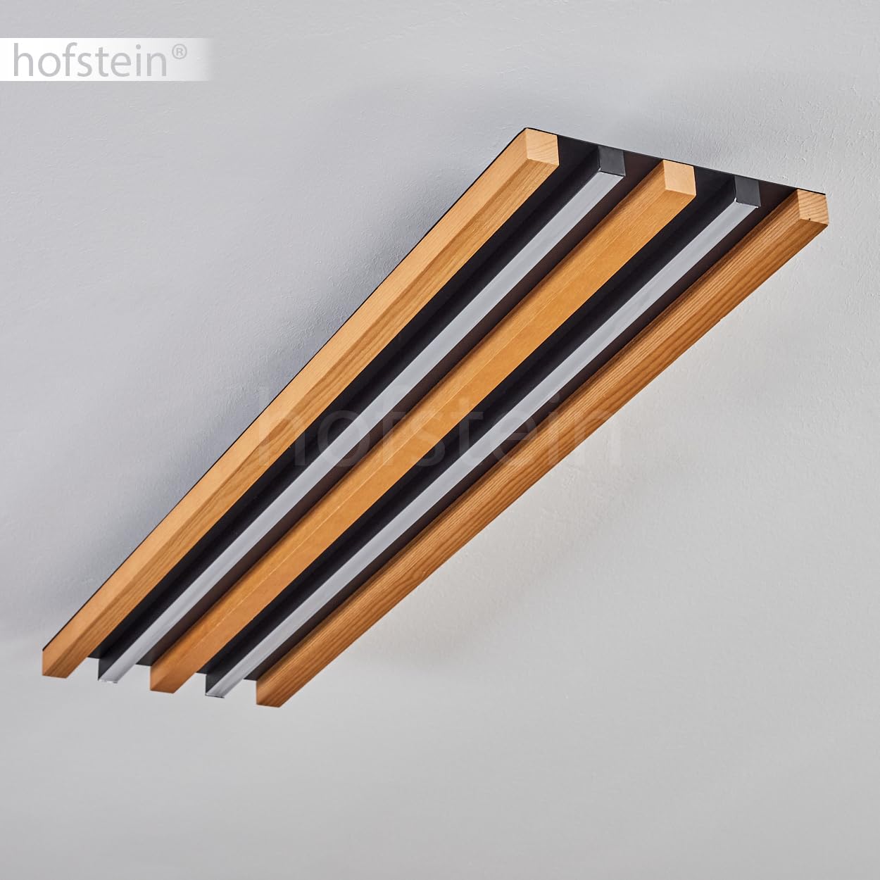 LED Deckenleuchte Favorina, dimmbare Deckenlampe aus Metall/Holz/Kunststoff in Schwarz/Natur/Weiß, 30 Watt, 3400 Lumen, 3000 Kelvin, Länge 81 cm, dimmbar über Lichtschalter