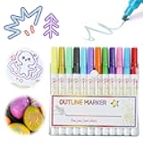 12 Pcs Outline Marker Set, 2023 New Glitter Gel Double Line Outline Pen Sparkle Markers Colorful Art Pens for Writing, Scrapbooking, Coloring and Greeting Cards, Journal Drawing (12 Pcs)
