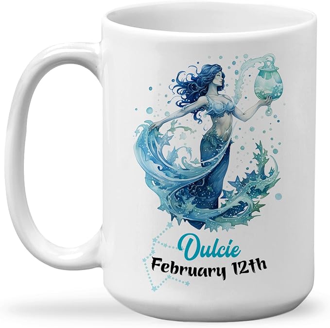Custom Aquarius Zodiac Sign Coffee Mug, Custom Name and Date Coffee Mug 11oz and 15oz, Gift For for Aquarius Birthdays Mug, Mystic Design for Birthday Teacup, Friends Travel Mug