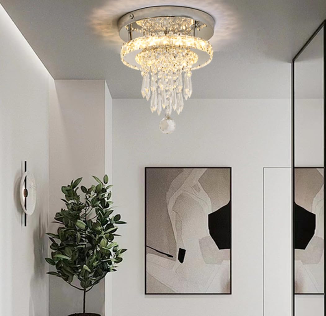 Lampada da soffitto LED rotonda in Cristallo Acciaio Inox e Cristallo K9, 3 colori regolabili, 25 * 27.5cm, Illuminazione di lusso per Corridoio, Atrio, Balcone, Ingresso