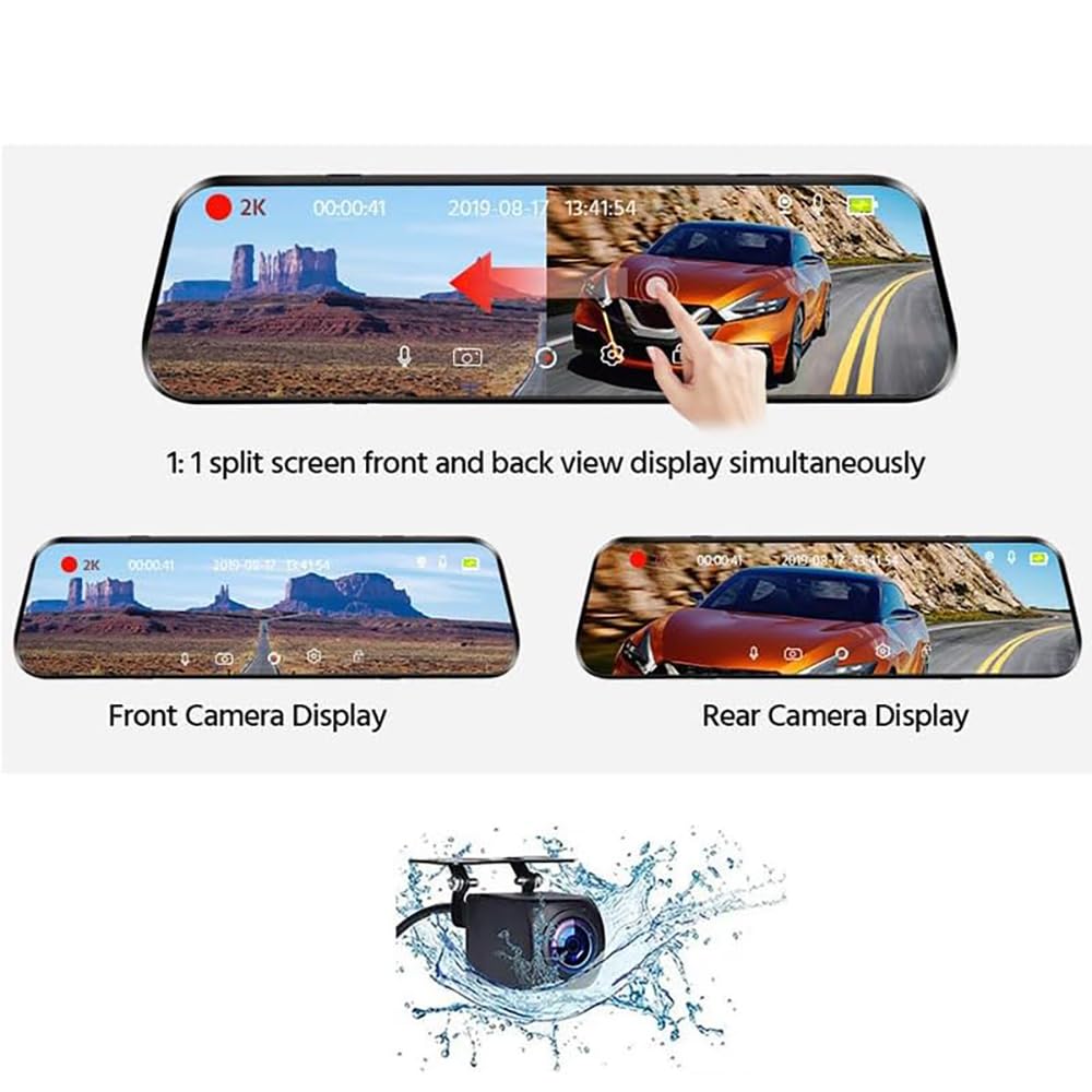 Specchietto Dashcam 10" 2K+1080P per Volkswagen CC 2016-2018 | Specchio Streaming, 2k+1080p, Visione Notturna, Schermo 10" Touch, Registrazione In Loop, 32gb, G-Sensor