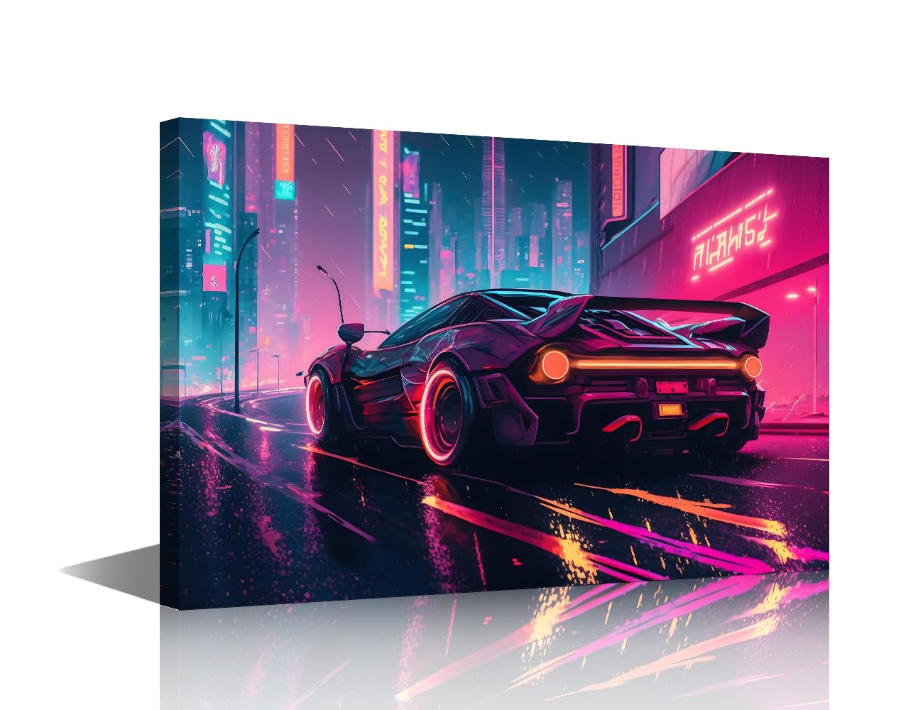 TISHIRON 1 Panel Wall Art for Living Room Supercar Racing Through a Cyberpunk City Picture Poster for Home Office Hotel Wall Decor, Contemporary Art, Stretched Framed Ready to Hang, 24" Wx16 H