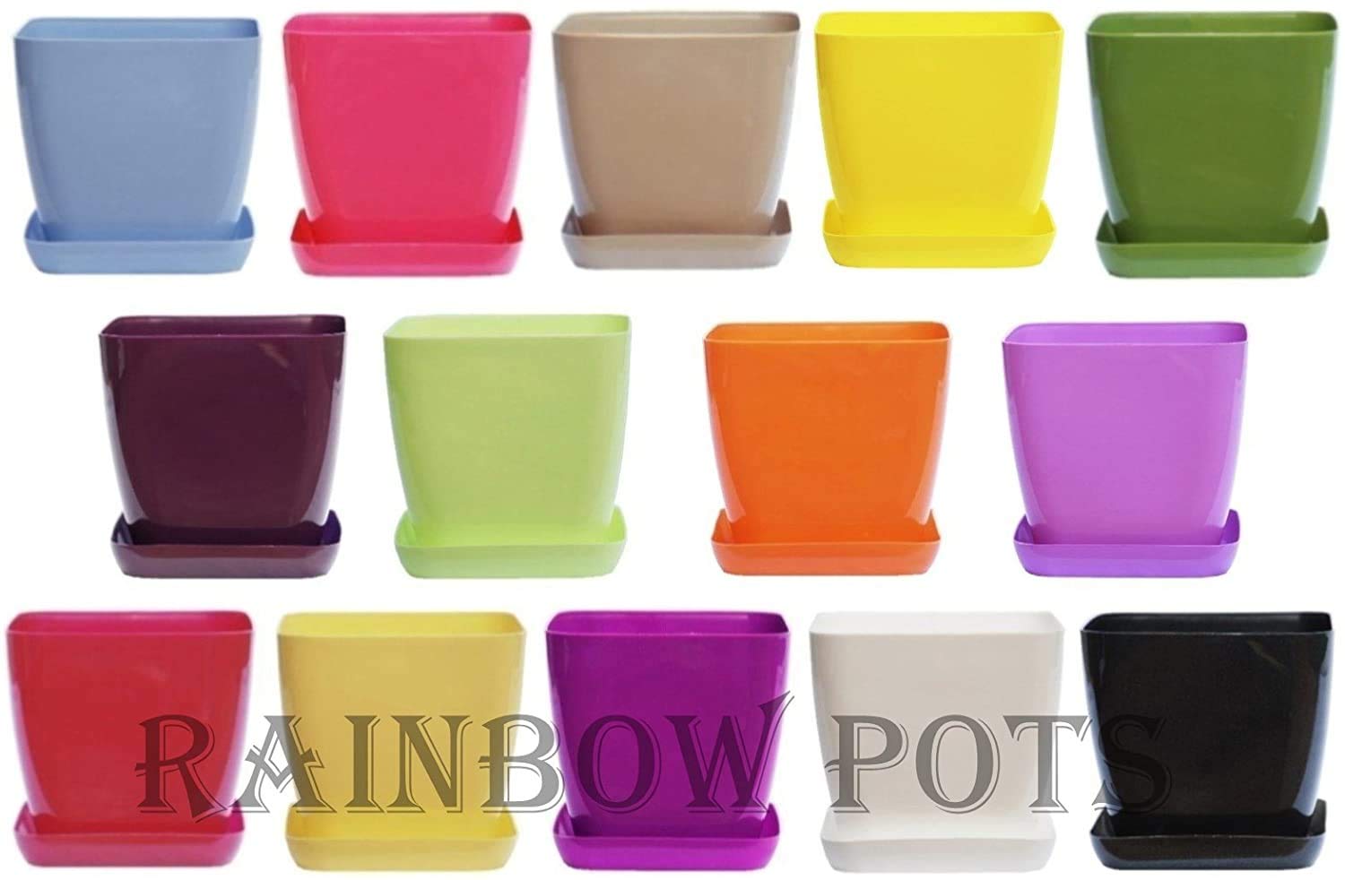 Rainbow Pots Gold Decor Square Flower Pots Colours Gloss Plastic Plant Pots Planter Saucer Orchid - 13 Colours And 3 Sizes To Choose From (, 15.7 Cm - 6.10 Inch)