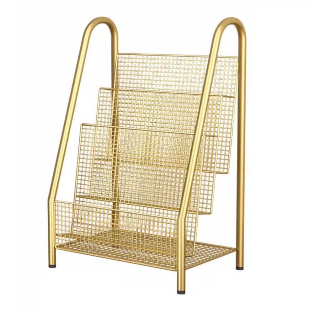 IUokLU Gold Metal Bookshelf with 3 Tiers - Stylish Newspaper Rack & File Sorter Organizer for Home & Office Decor, 41x30x73cm - Modern Storage Solution