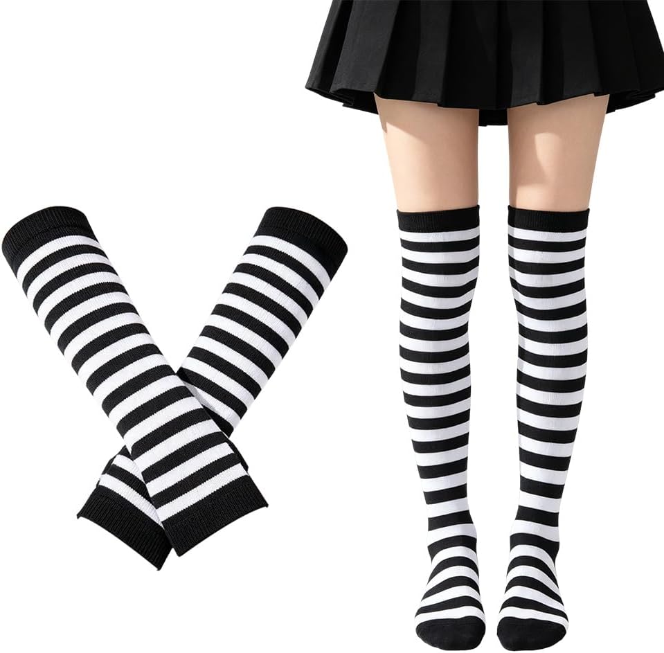 Halloween Striped Thigh High Socks and Fingerless Gloves Set for Women Girl