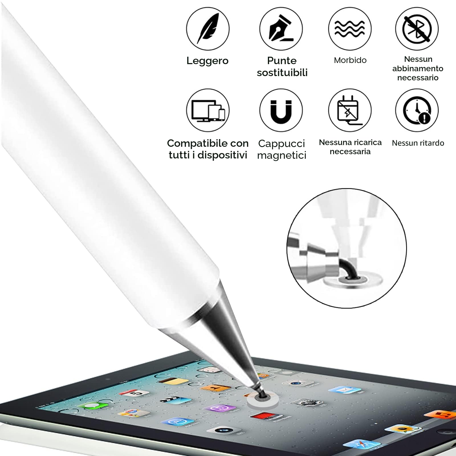Pennini capacitivi per touch screen, punta a disco, universale, bianco