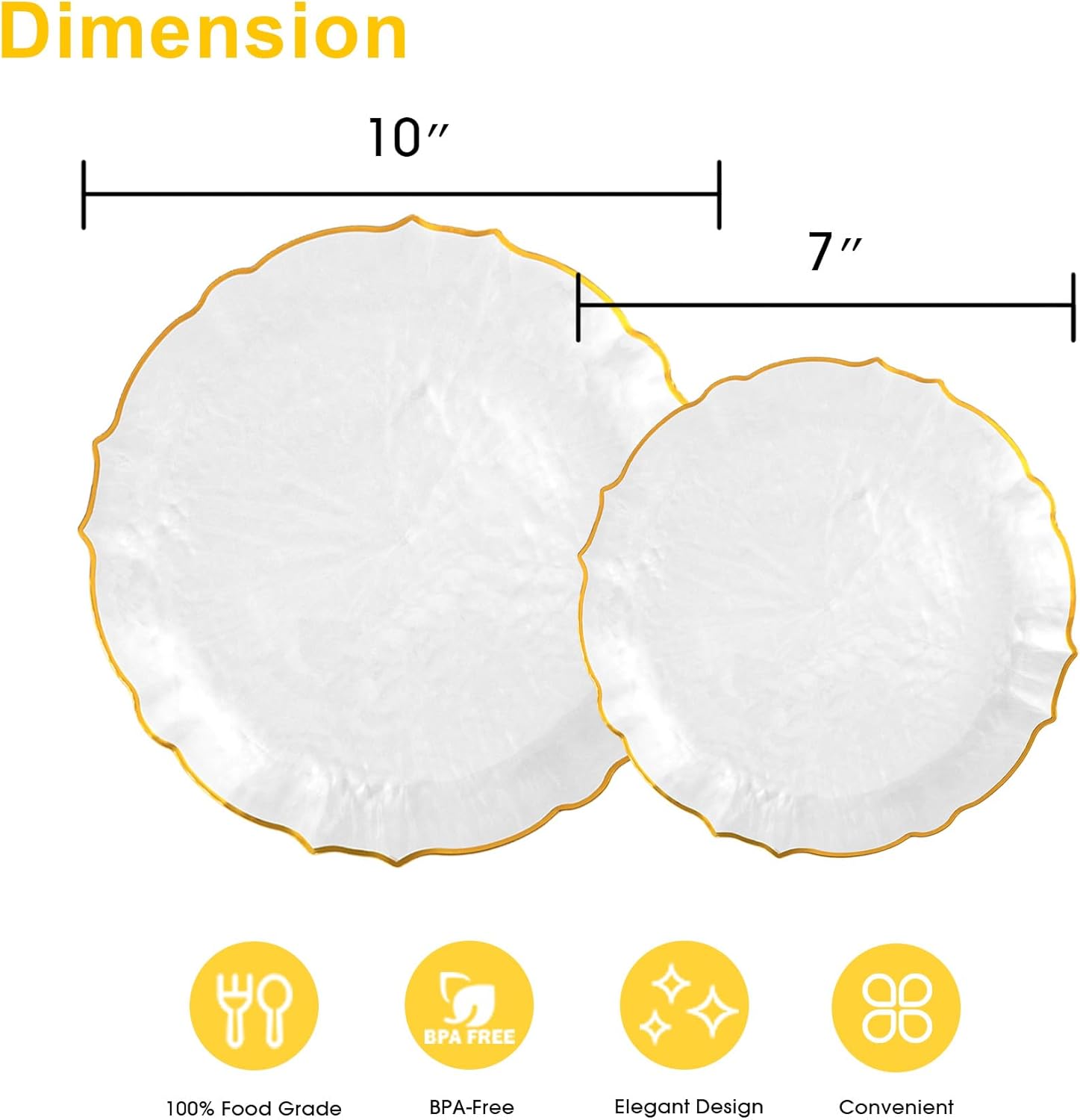 Lullaby 100pcs Translucent‌ White Plastic Plates with Gold Rim, Fancy Lace-Edged Disposable Plates include 50pcs Dinner Plate 10”, 50pcs Dessert Plate 7”, Perfect for Party, Wedding, Holiday