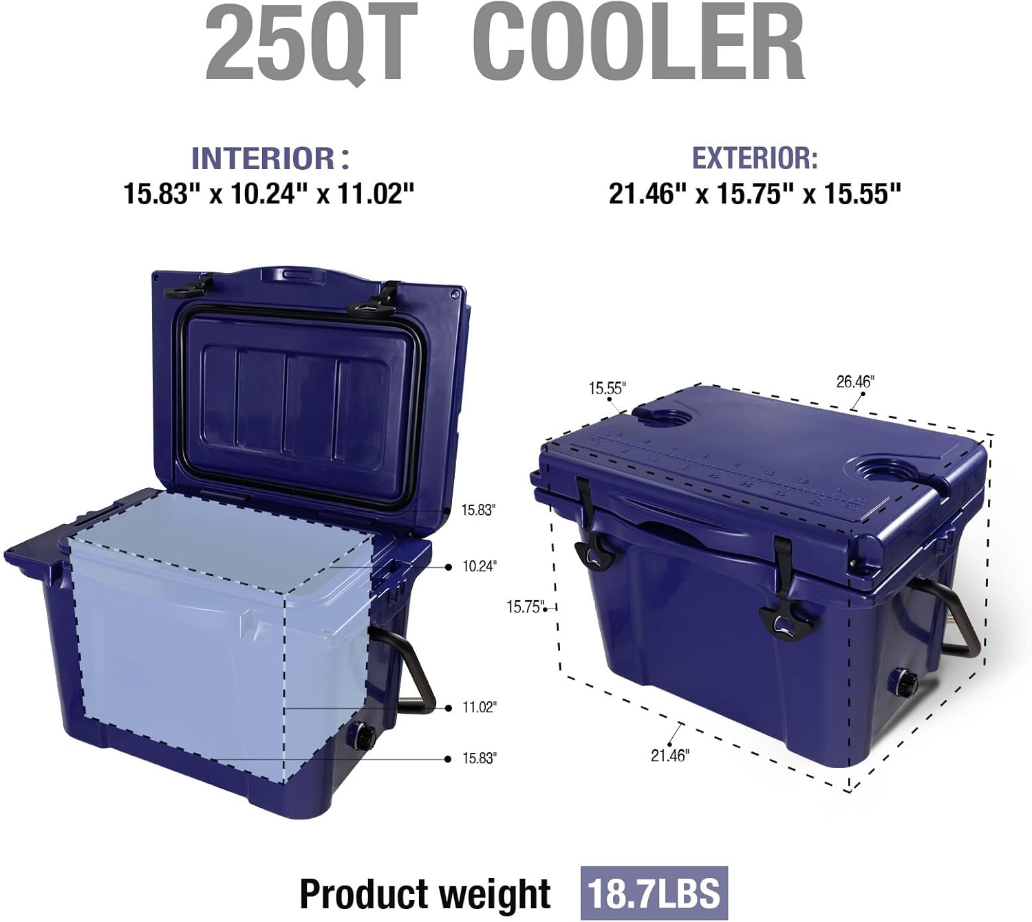 ZeHuoGe 25QT Portable Cooler, Insulated Hard Cooler with Bottle Opener & Cup Holder & Forming Ruler, Multi-Functional Outdoor Insulated Cooler for Travel, Beach, Camping, Fishing