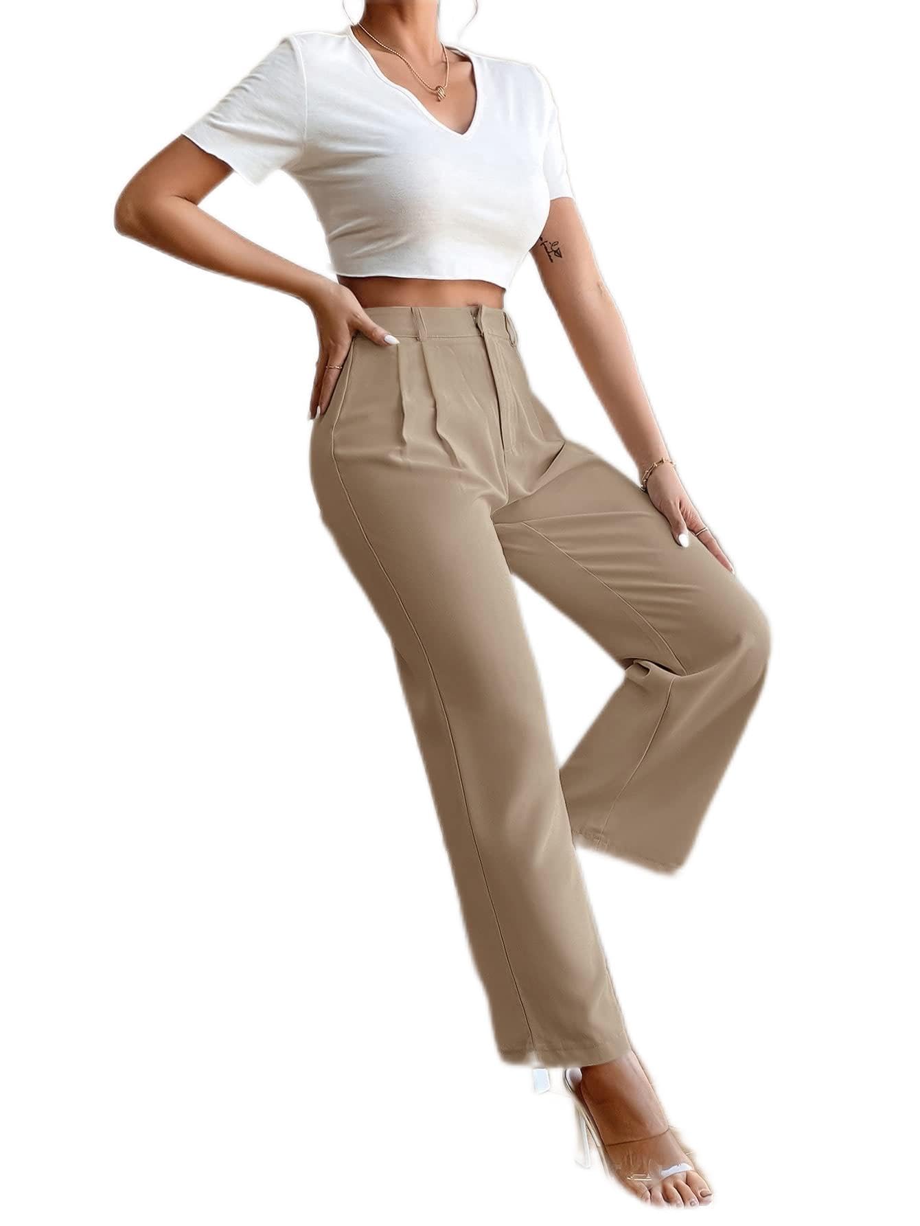 CRYBA Womens Pants High Waist Plicated Detail Straight Leg Pants Pant for Women