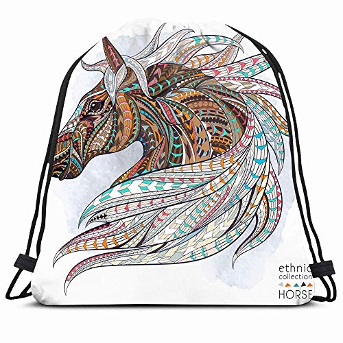 DHNKW Drawstring Backpack String Bag 14x16 Tattoo Patterned Head Force Horse On Animals Wildlife Wild Grunge Pattern Graphic Mammal Silhouette Strength Sport Gym Sackpack Hiking Yoga Travel Beach