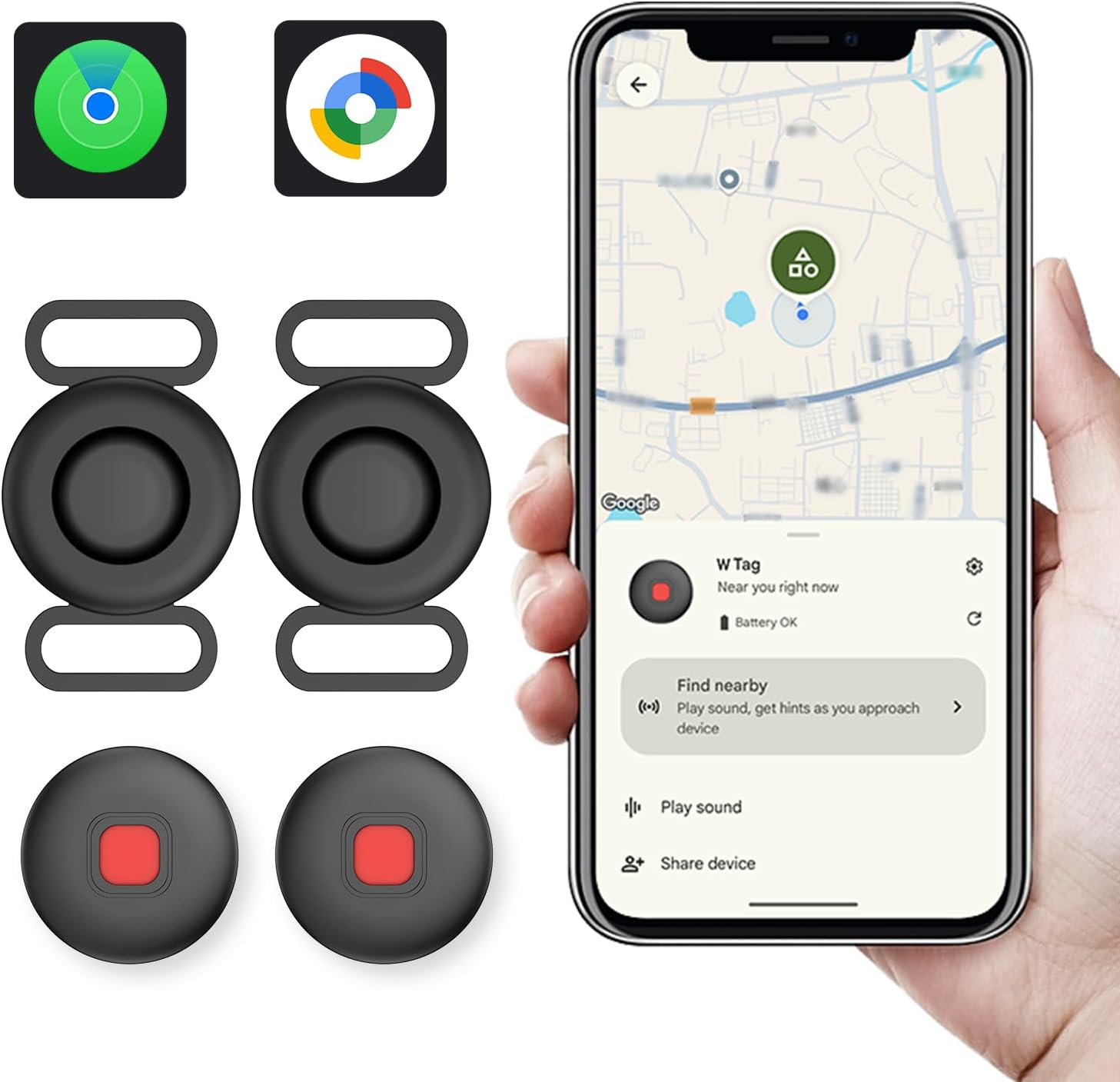 Pet Tracker Tag for Dogs & Cats with Silicone Collar Holder, Works with Apple Find My & Android Find Hub, IP65 Waterproof Bluetooth Anti-Lost Locator (Black, 2 Pack)