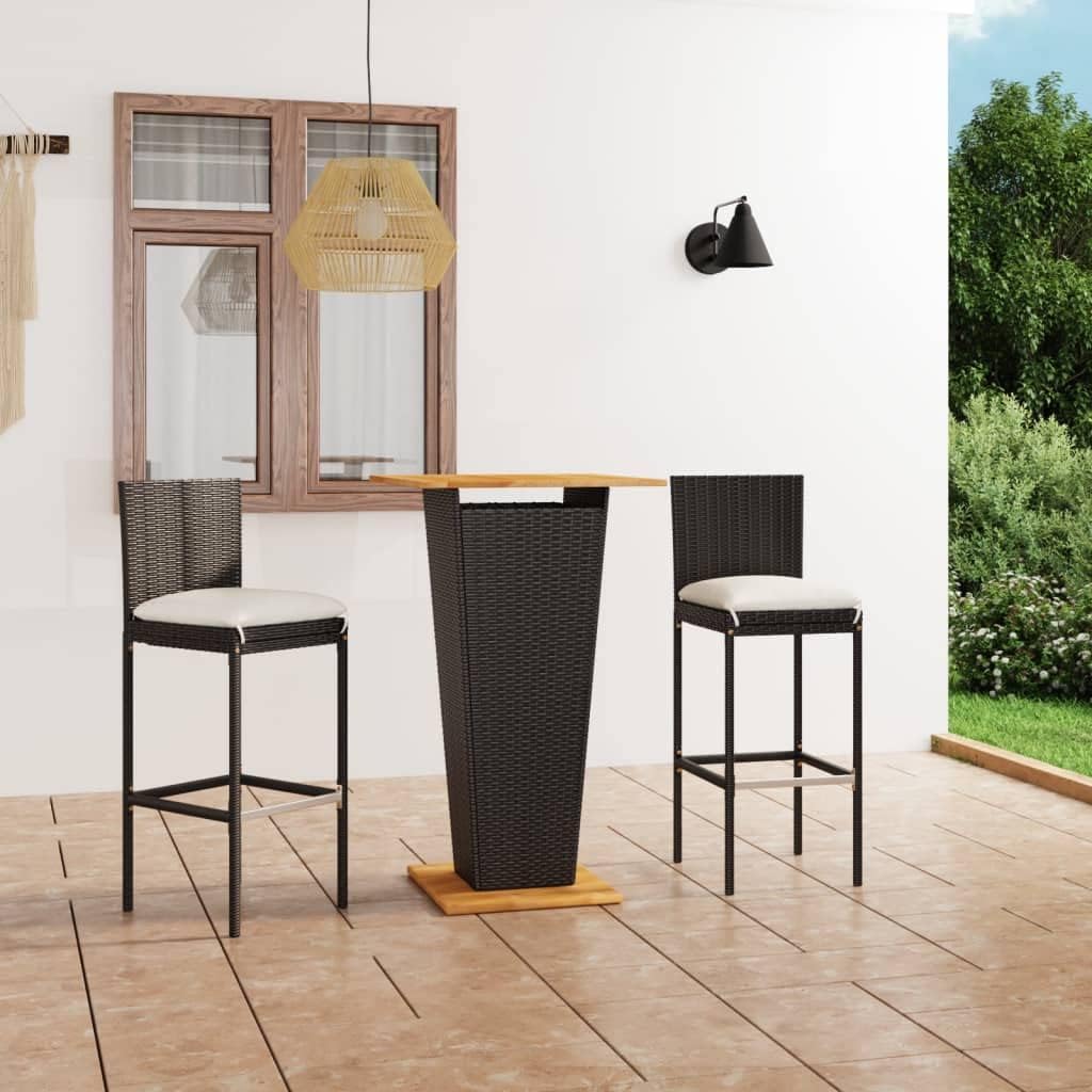 Garden Sets, 3 Piece Patio Bar Set with Cushions Poly Rattan Black