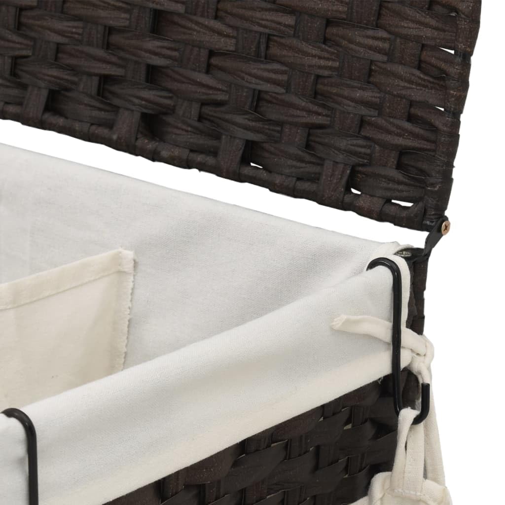 Wäschekorb mit Rollen und Deckel aus handgeflochtenem Rattan in Dunkelbraun 60x35x60,5 cm mit 3 Fächern, Tragegriffen, Innenbeutel und klappbarem Design für Waschküche und Badezimmer