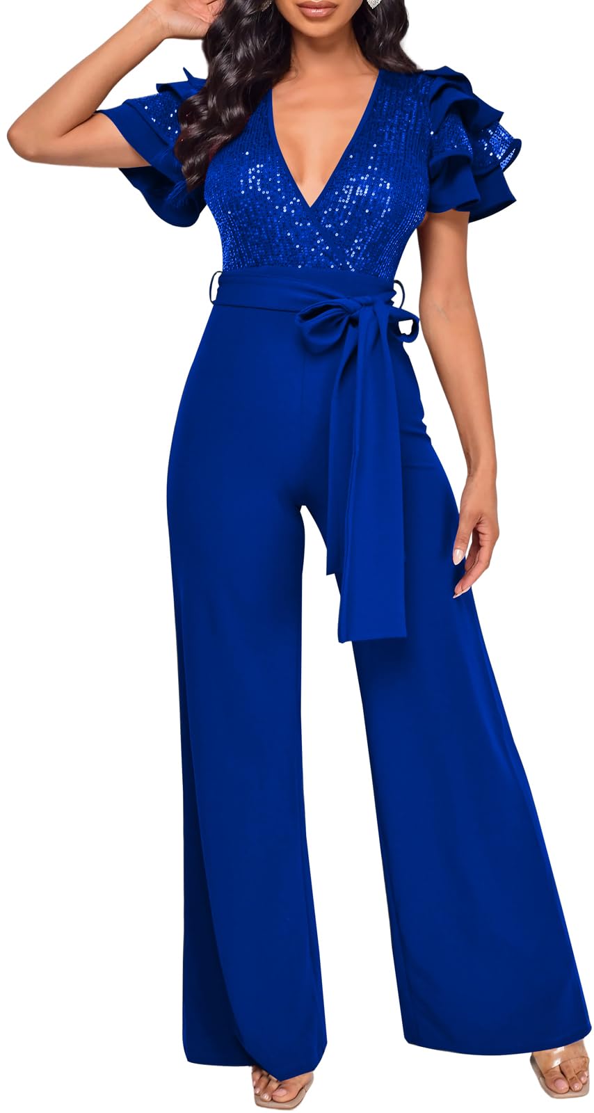 dinyin Sequin Jumpsuits for Women Dressy Summer Casual V Neck Short Sleeve Cocktail Club party Wide Leg Romper with Pockets-picture-52