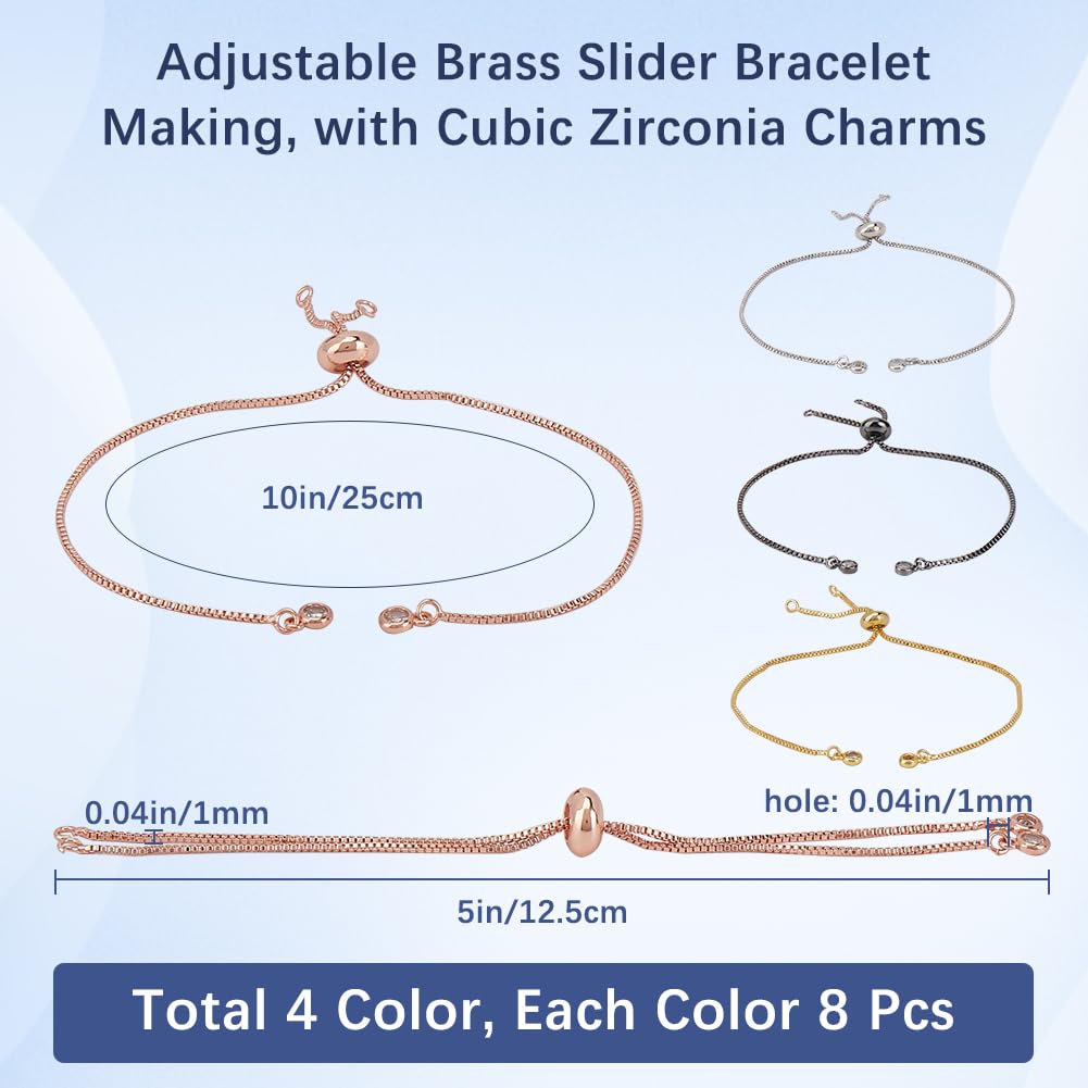 SOFPLATE 1 Box 32Pcs 4 Colors Adjustable Slider Chain Slider Chain Bracelets Brass Extender Chains with Rhinestone Ball Ends Slider Beads Findings for jewellery Making Chains Supplies DIY Women - Image 2