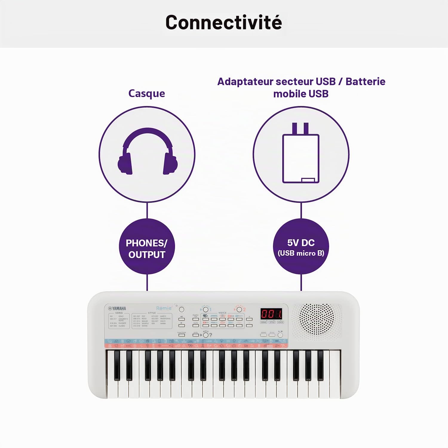 Yamaha Remie PSS-E30 – Clavier Mini Touches – Clavier d'initiation léger et portable pour enfants – Avec sonorités et bruitages intégrés – Blanc