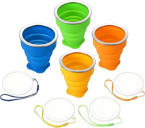 PATIKIL Taza de viaje plegable, paquete de 4 vasos de agua plegables de viaje de 6.8 fl oz, taza de silicona portátil para acampar al aire libre,
